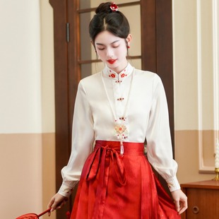 新中式国风女装刺绣衬衫2024春季立领衬衣改良红色马面裙上衣