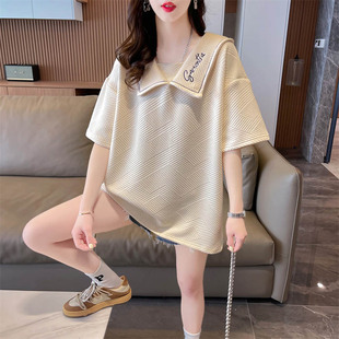 短袖t恤女夏装娃娃领韩版宽松大码中长款华夫格洋气设计感上衣服