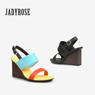jadyrose夏季一字带坡跟凉鞋，女撞色欧美简约高跟，舒适平底女鞋