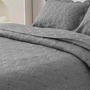 灰色耐脏扇形绗缝被单件夹棉素色床盖三件套水洗柔软床单空调