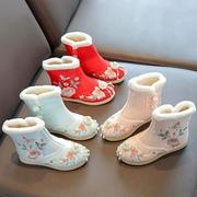 冬季加绒雪地短靴女民族，风女童老北京儿童布鞋棉鞋靴子汉服绣花?