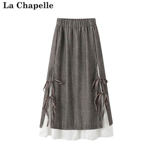 拉夏贝尔/La Chapelle秋冬甜美复古长裙女高腰显瘦肌理感拼色长裙