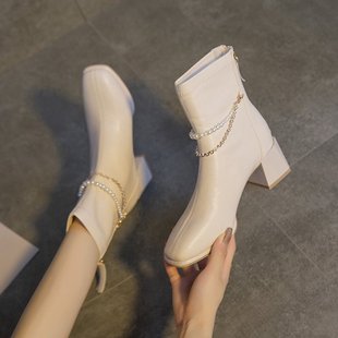 法式白色高跟气质短靴女春秋季单靴2023粗跟女靴子，方头瘦瘦靴