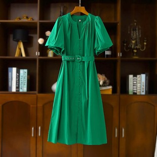 经典款 弹力棉绿色气质显白泡泡袖系带收腰显瘦连衣裙女夏 F2379