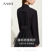 amii2024春撞料拼接网纱一粒扣西装女假两件长款垫肩外套上衣