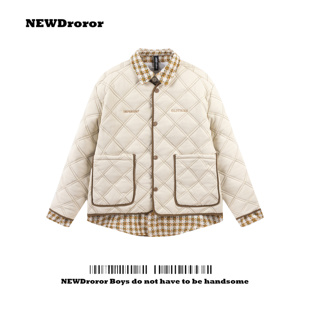 NEWDroror韩版假两件菱形格拼接衬衫棉服设计感加厚情侣冬装外套