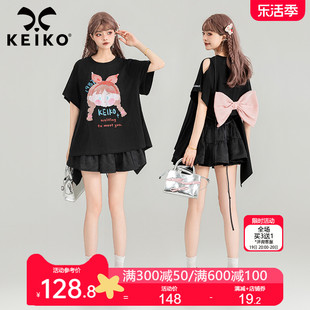 keiko双面伊人甜酷风，黑色短袖t恤2024夏季可爱减龄蝴蝶结上衣