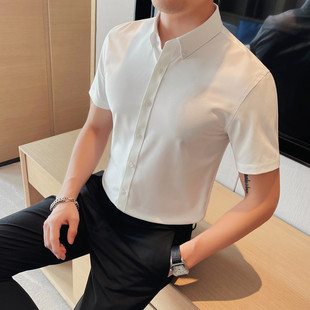 短袖衬衫男修身潮流夏季薄款2024高级感商务纯色百搭休闲衬衣
