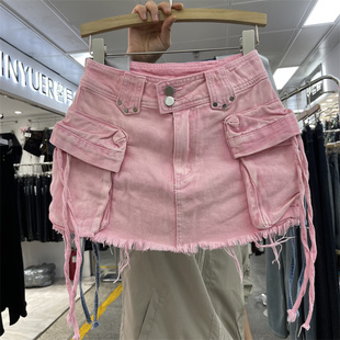 欧货2024年春季粉红色高腰弹力减龄辣妹工装牛仔包臀半身短裙