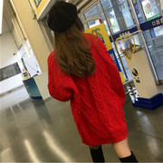 韩版圆领慵懒大红色冬季毛衣女(毛衣女)套头，宽松中长款加厚学生外套