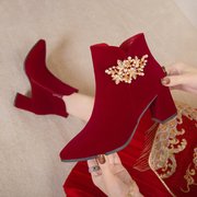 结婚婚鞋冬天粗跟新娘鞋冬季中式红色高跟鞋秀禾孕妇靴子加绒红鞋