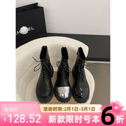 马丁靴子2023单靴韩国东大门时尚，百搭圆头拼色系带粗跟短靴女