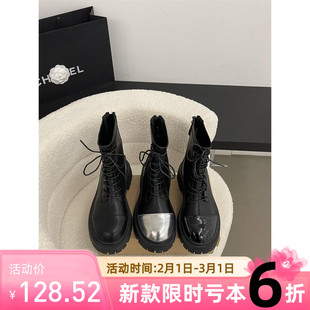 马丁靴子2023单靴韩国东大门时尚百搭圆头拼色系带粗跟短靴女