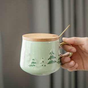 马克杯林中雪月带木盖陶瓷马克杯匙套装可爱轻奢带杯垫咖啡日式杯
