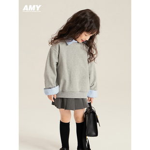 amybaby女童卫衣2023秋季儿童，假两件可拆卸衬衫领简约上衣