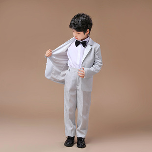 男童银灰色礼服两粒扣西装套装儿童，表演服舞台装小学生钢琴演出服