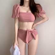 猫家韩版粉色方领泡泡袖高腰，蝴蝶结系带温泉度假分体游泳衣女装