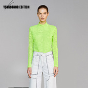 vensstnor维斯提诺20潮抽象荧光，绿立领修身女长袖打底衫t恤