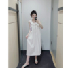 yjiid自制23夏 可爱时髦白色手工压褶圆领无袖茧型长款连衣裙