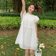 小飞袖雪纺连衣裙女装夏季宽松小个子法式白色娃娃裙子2023年