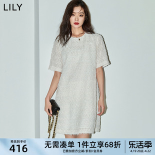 lily2024夏女装(夏女装)浪漫气质，流苏短袖中长款连衣裙小白裙小个子女