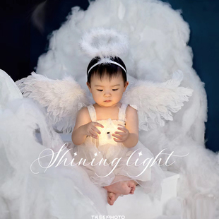 周岁儿童摄影天使翅膀，写真拍照服装道具，白色纱裙仿真棉花造型背景