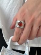欧美个性时髦银色光面宽版镶嵌红宝石戒指  显白显瘦高保色指环