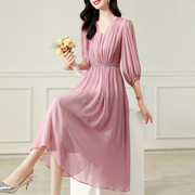 真丝连衣裙2023夏季女装粉紫色高端气质纯色显瘦桑蚕丝长裙子