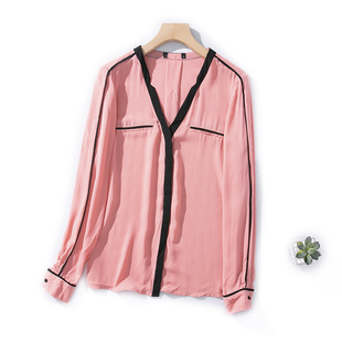 e69-4夏季初秋女外贸v领单排扣撞色边垂感气质雪纺衫时尚长袖衬衫