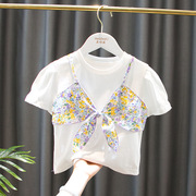 女童夏装纯棉短袖t恤宝宝，婴幼儿韩版洋气碎花，吊带短袖上衣打底衫