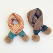 日本儿童防风毛线围脖冬季男女宝宝针织，格子拼色毛球加厚保暖围巾