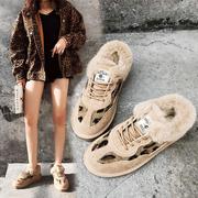 雪地靴女女式秋冬圆头豹纹系带毛毛短筒低筒米色加绒冬靴棉鞋