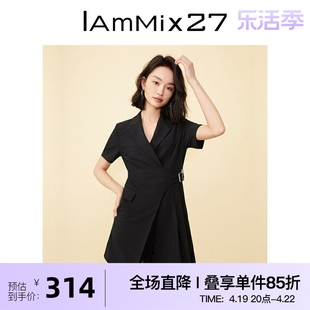 IAmMIX27短袖连衣裙女个性不对称层次感压褶时尚黑色西装领A字裙