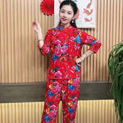 民族风纯棉绸套装中国红宽松长袖上衣，长裤中老年中式两件套女