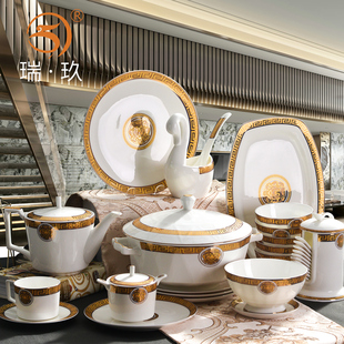 家用欧式金边碗碟80头骨瓷餐具套装酒店样板间餐具碗盘碟碗筷组合