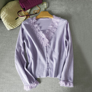 甜美蕾丝花边领针织，开衫女春秋紫色，上衣长袖百搭显瘦外套190