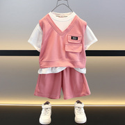 男童粉色套装短袖夏季2024小童洋气时髦潮，童装儿童假两件夏装