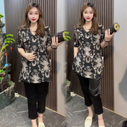 新中式t恤女23夏季复古盘扣设计感不规则宽松显瘦短袖花色上衣潮