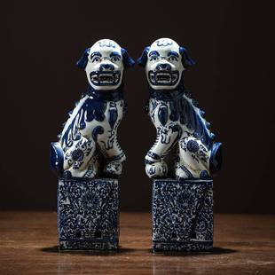 景德镇手工青花瓷陶瓷对狮石狮仿古做旧陶瓷狮玄关摆件家居饰品