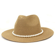 夏季草帽女彩色大檐礼帽，法国优雅珍珠户外出游防晒遮阳沙滩帽