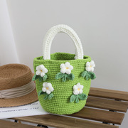 山茶花毛线手提包自制女包花朵，手工编织包手拎水桶包