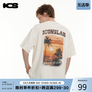 ICONSLAB夏日椰林海滩度假风美式复古潮牌短袖男情侣装T恤夏
