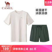骆驼运动套装男2024夏季速干休闲情侣，t恤短袖短裤两件套跑步服女