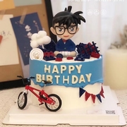名侦探柯南蛋糕装饰摆件摇头公仔玩偶男孩卡通自行车生日烘焙插件