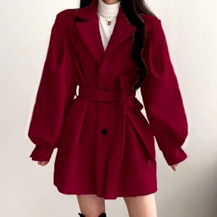 2024过年红毛呢大衣女韩版宽松小个子中长款纯色赫本风外套潮