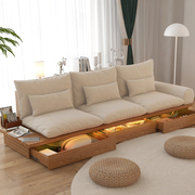 日式沙发实木框架客厅，小户型北欧简约储物三人，地台布艺原木侘寂风