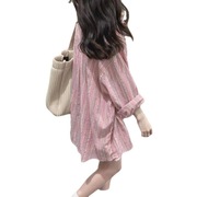 秋季薄款甜美嫩粉色条纹防晒衬衫，女韩版高级感宽松衬衣开衫外搭潮