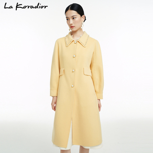 lakoradior拉珂蒂浅黄色，中长款减龄钉珠，羊毛毛呢呢子外套大衣女