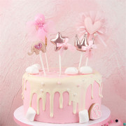 粉色系蛋糕装饰插件蝴蝶结星星，爱心布艺生日蛋糕插牌甜品装扮插旗