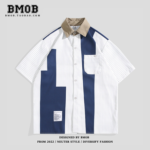bmob日系拼接撞色条纹工装，衬衫男夏季潮牌宽松休闲五分袖衬衣外套